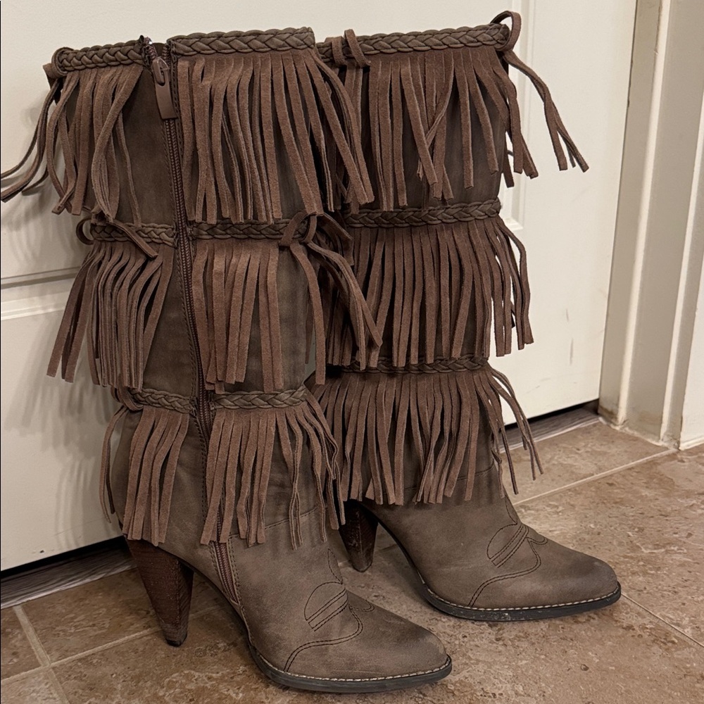 Very Volatile Brown Fringe Heeled Boots